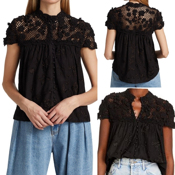 Alice + Olivia Tops - {M} NWT Alice + Olivia Ilaria Crochet Blouse Black